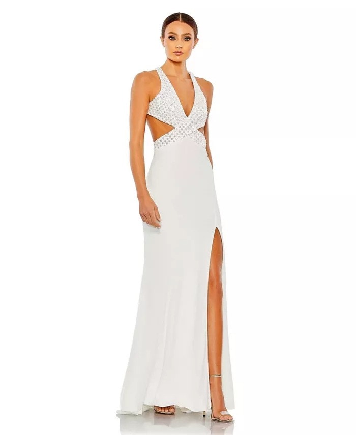 Nwt Mac Duggal White Floral Sequin Deep V-Neckline Criss Cross Back Size 2, 8